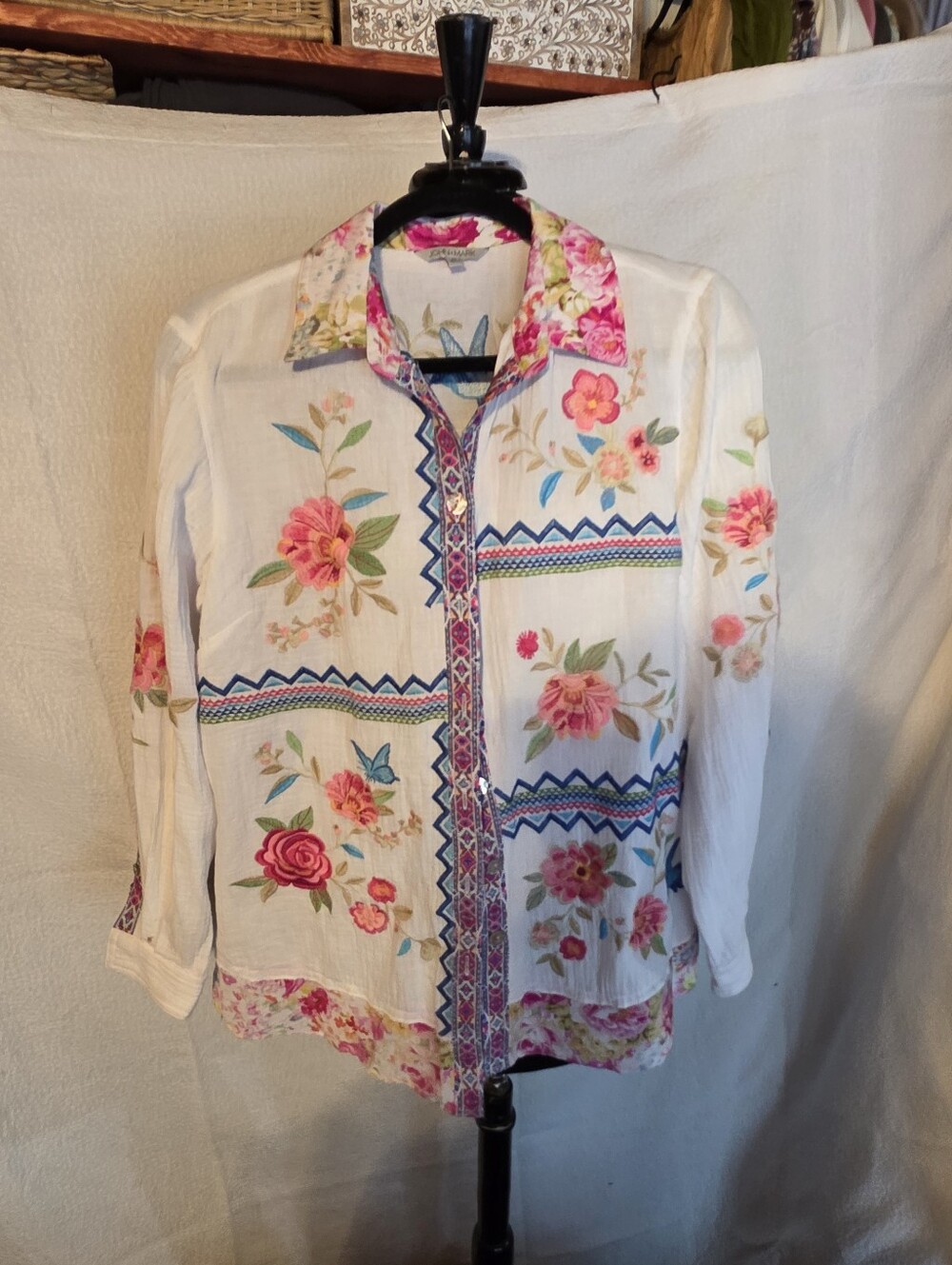 SOLD OUT NWOT John Mark White Blouse with Pink Floral Print and Blue Accents